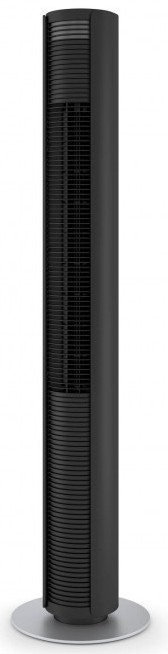 Wysoki, czarny, nowocześnie wyglądający wentylator na białym tle. Wentylator ma srebrną podstawę.