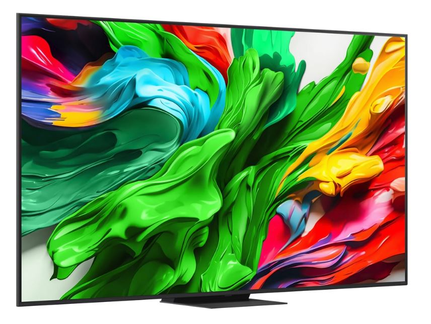 Bir TV ekranı, akan çok renkli şekillerle canlı bir soyut sanat eseri sergiliyor.