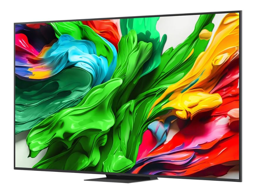 Bir TV, beyaz bir arka plan üzerinde akan çok renkli şekillerle soyut sanat gösteriyor.
