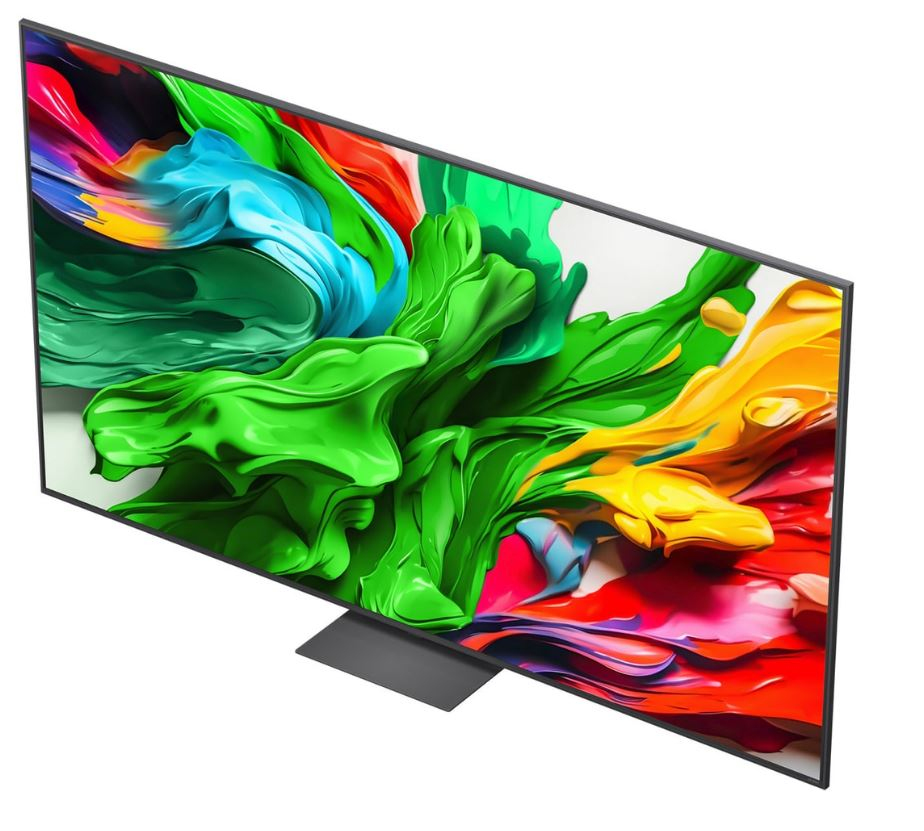 Bir TV, yukarıdan bir açıyla görülen, akan çok renkli şekillerle soyut sanat sergiliyor.
