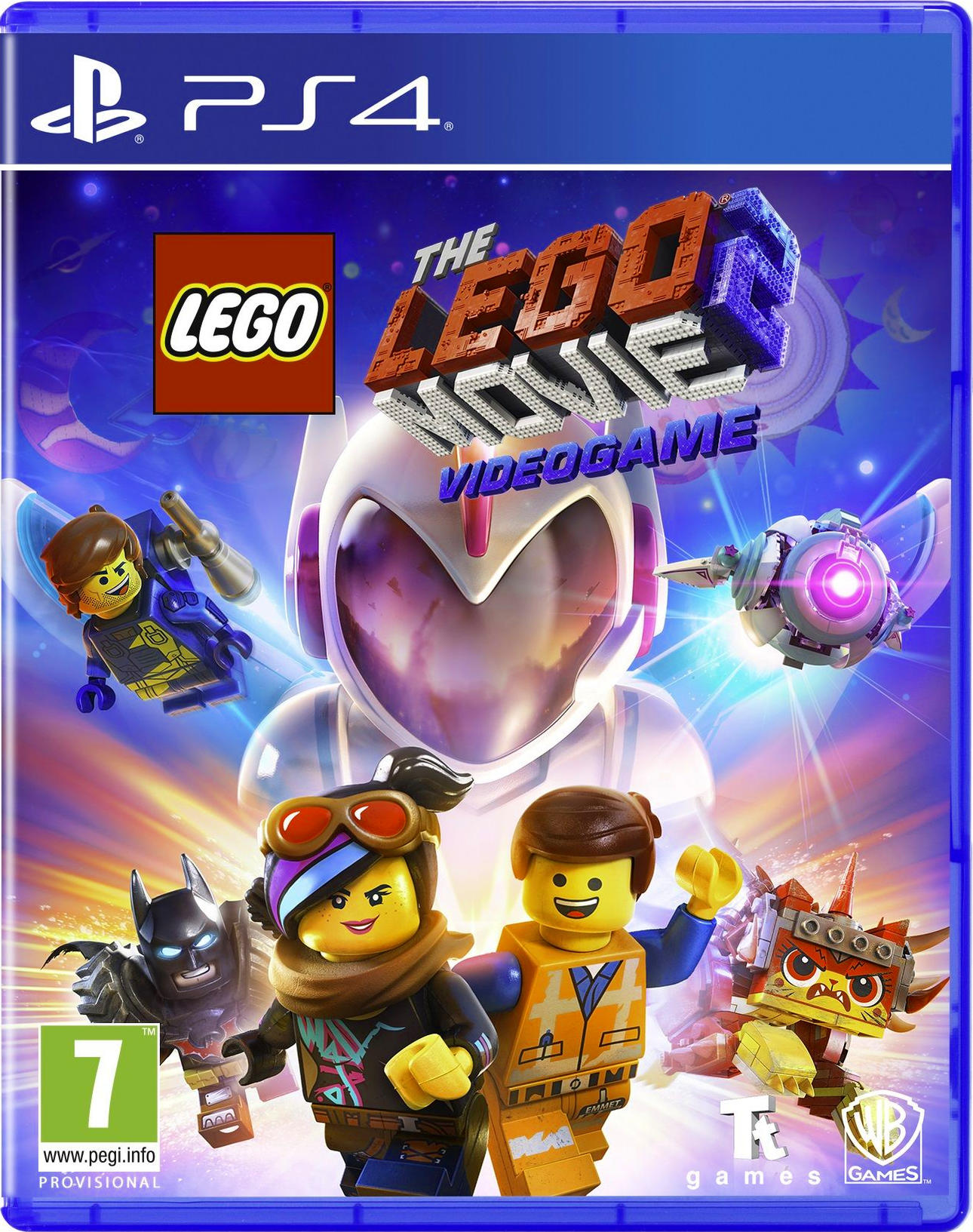 A Lego Movie 2 videojáték borítója, különböző Lego karakterek, PS4 logó.