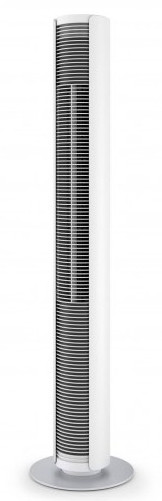Wysoki biały oczyszczacz powietrza z pionowymi otworami wentylacyjnymi. Ma okrągłą podstawę.