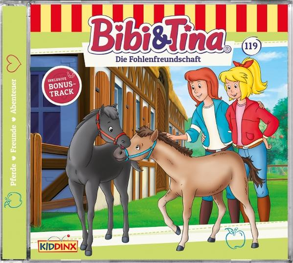 Albumcover mit zwei Mädchen und zwei Pferden in einer Stallumgebung mit dem Text 'Bibi & Tina'.