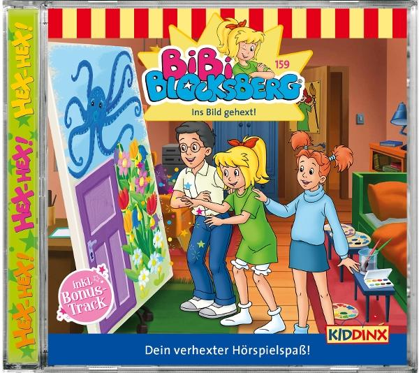 Bibi Blocksberg Cartoon-Cover. Bibi mit zwei Kindern betrachtet ein Gemälde eines Oktopus auf einer Tür.