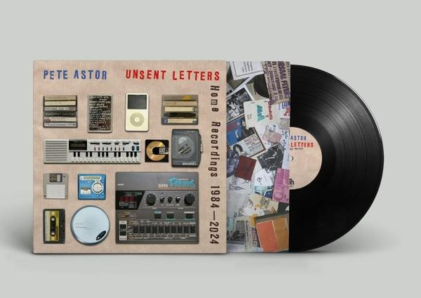 Eine Schallplatte neben ihrem Albumcover mit Musikequipment und Medien.