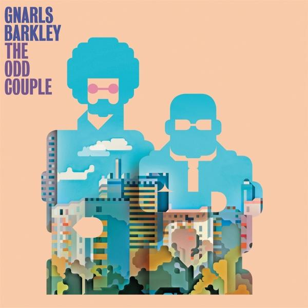Albumcover von Gnarls Barkley. Zwei ausgeschnittene Figuren vor einem Pfirsichhintergrund, Gebäude unten.