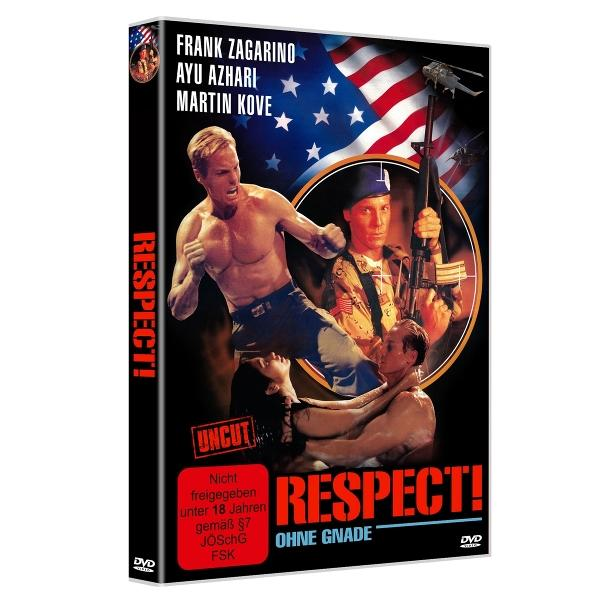 DVD-Cover von Respect! mit muskulösen Männern, einer Flagge und einem Mann mit einer Waffe.