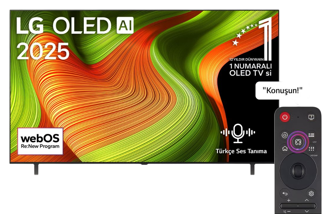 Uzaktan kumandalı bir akıllı TV. Türkçe ses tanıma seçeneği var. Bir konuşma balonu 'Konuşun!' diyor.