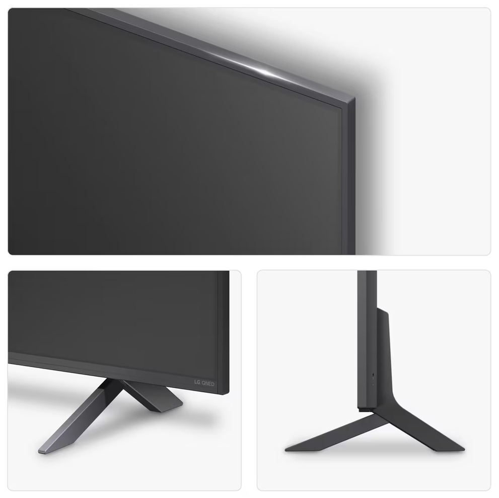 Zbliżenie TV: czarny ekran i ramka. Widok z góry, szczegóły boczne i podstawy. Jasne tło.