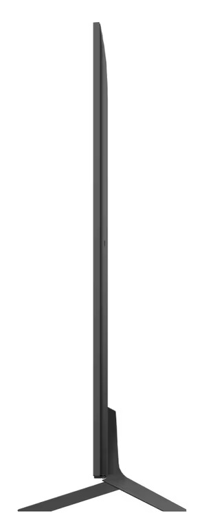 Profil boczny telewizora LG, pokazujący smukłą konstrukcję i stojak.