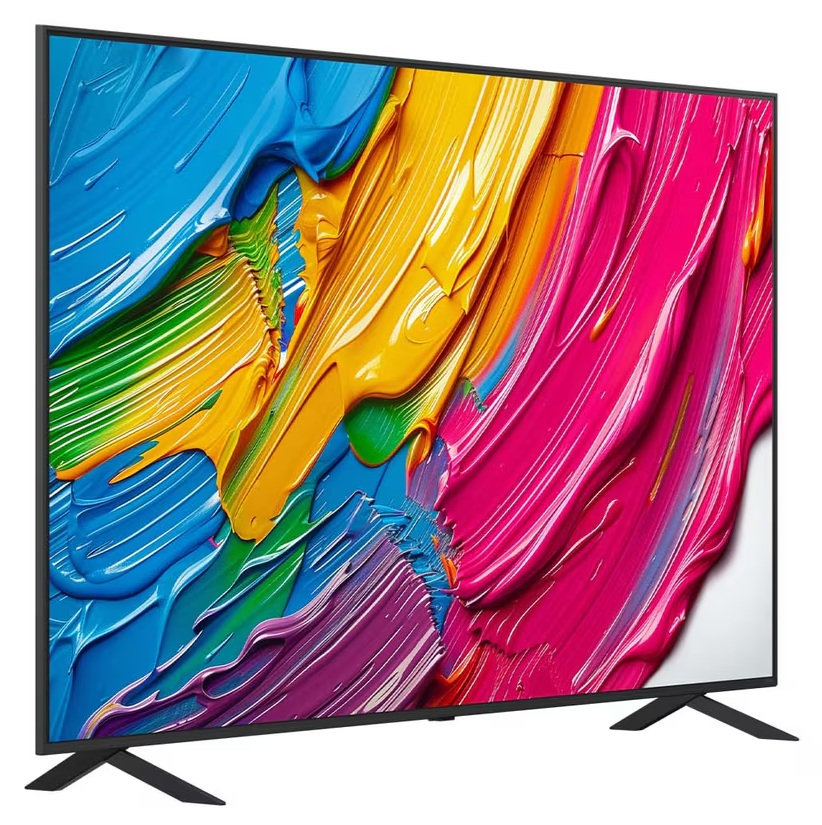 Telewizor pokazuje kolorową, abstrakcyjną farbę. Czarna ramka i nogi. Widok z boku.