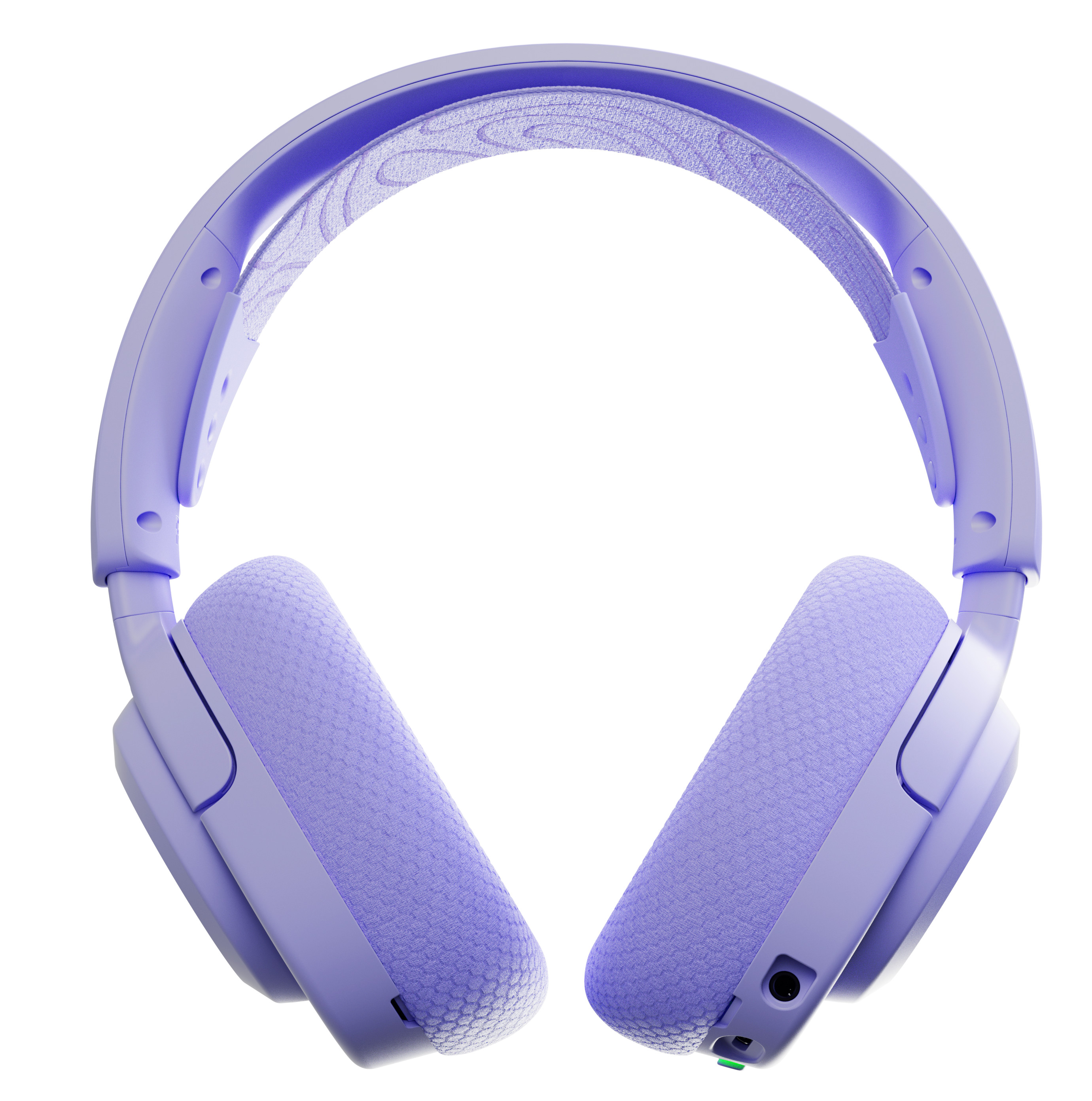 Para fioletowych słuchawek, widok z góry, na białym tle.