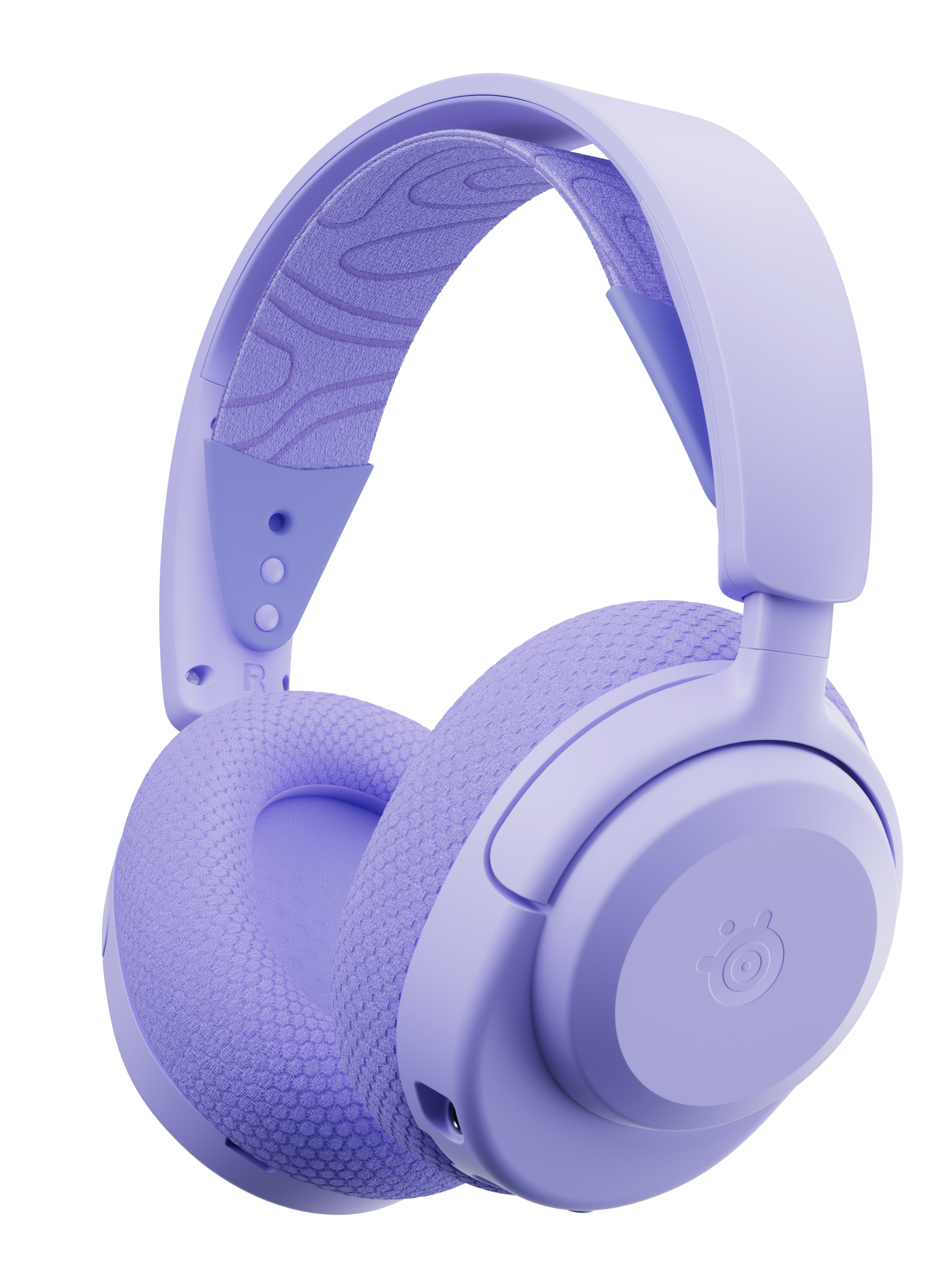 Lawendowy zestaw słuchawkowy z mikrofonem, pod kątem, na białym tle.