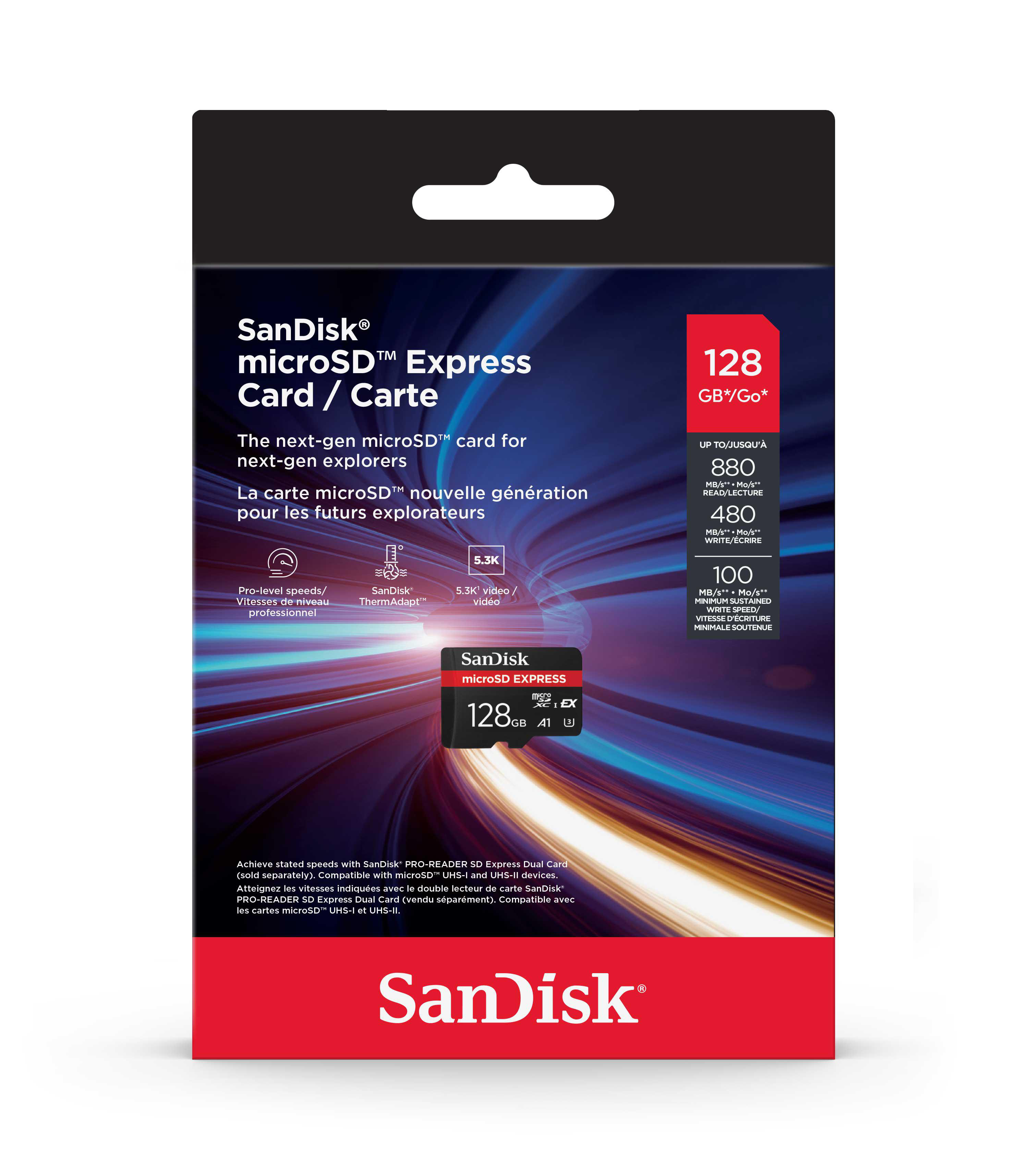 Eine SanDisk microSD Express Kartenverpackung vor einem dunkelblauen und schwarzen Hintergrund.