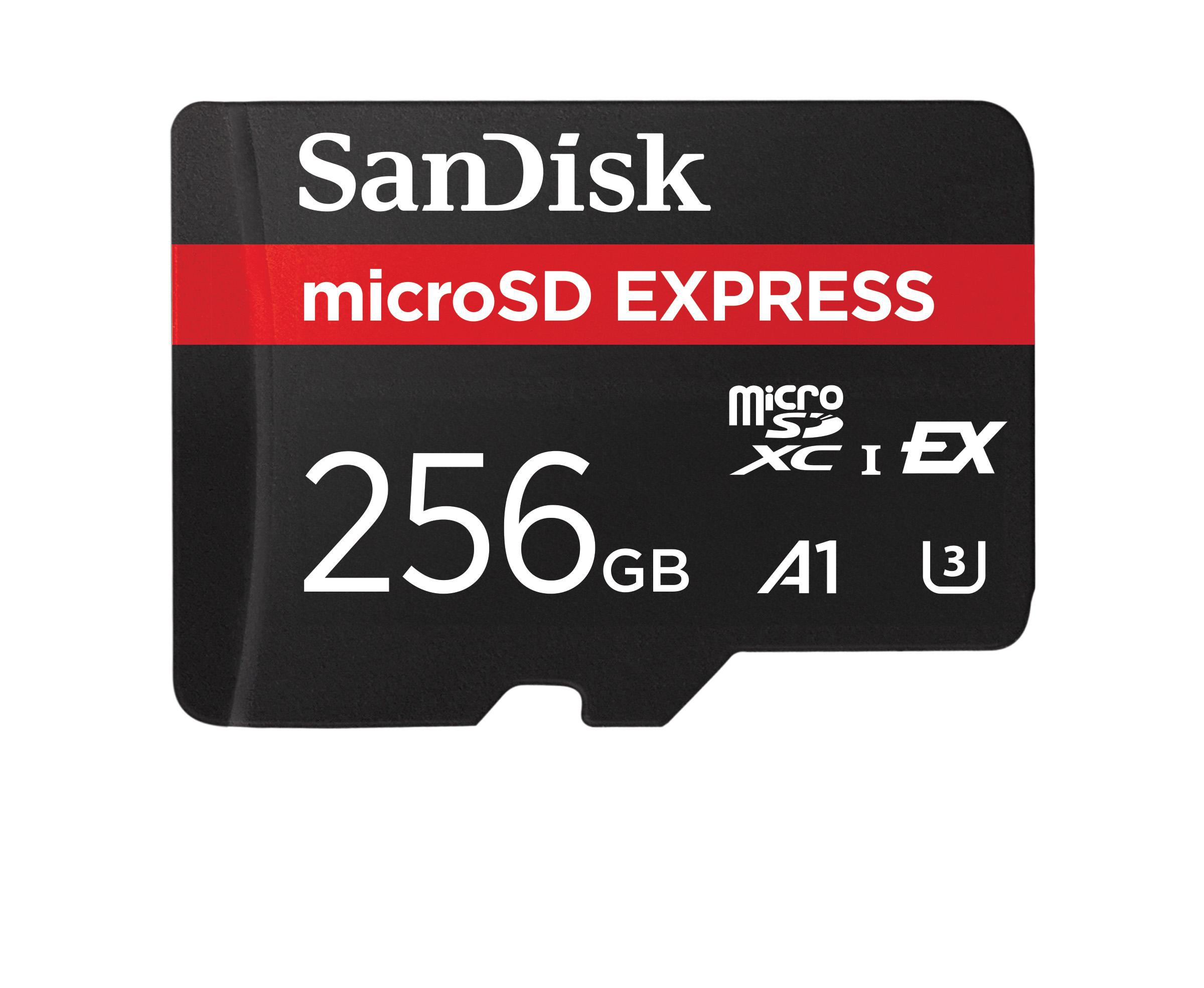 Eine SanDisk microSD-Karte mit dem Text '256GB' und 'microSD EXPRESS' auf weißem Hintergrund.