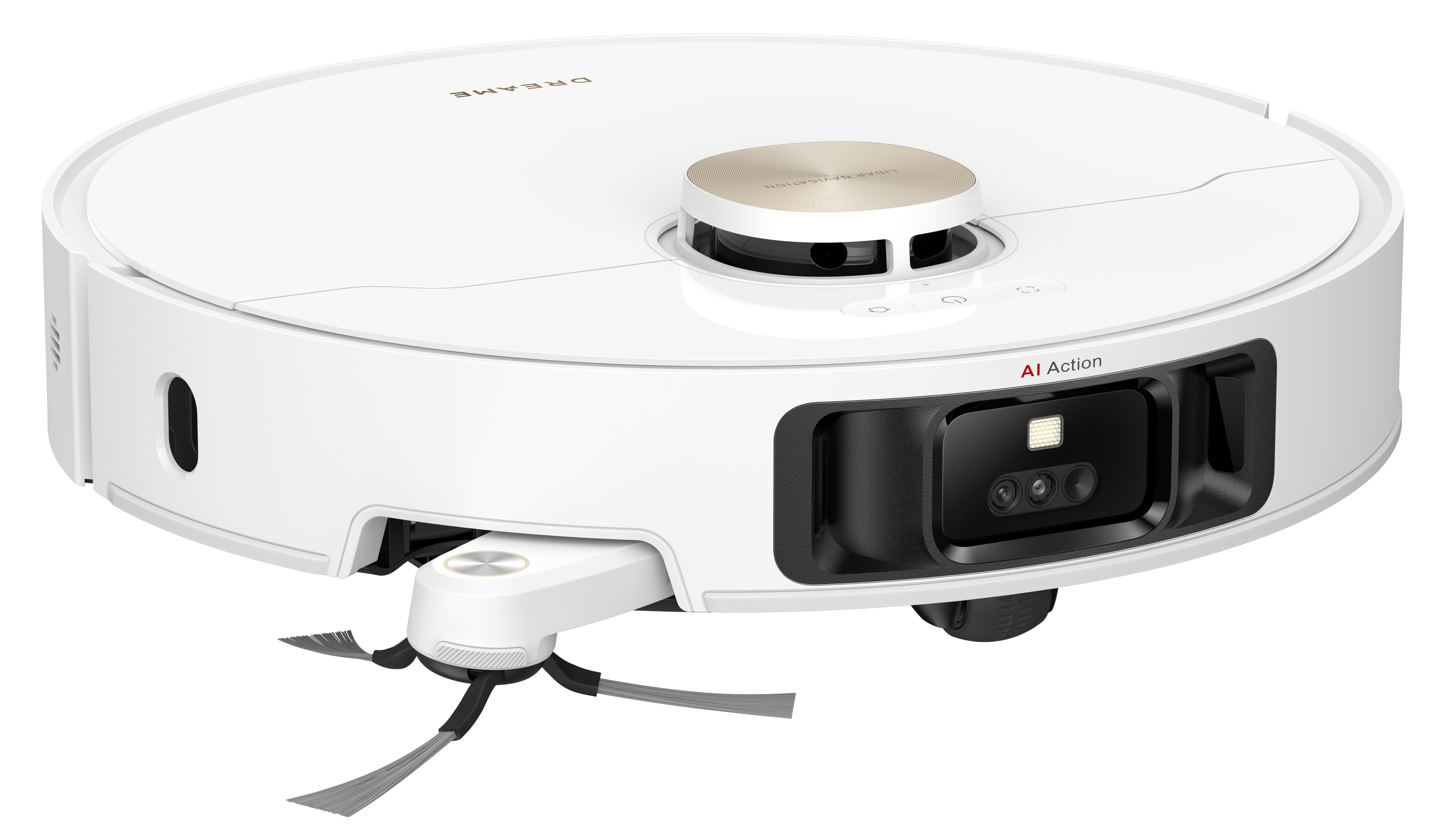 Biały odkurzacz robot, okrągły z czarną kamerą i złotymi akcentami, na białym tle.