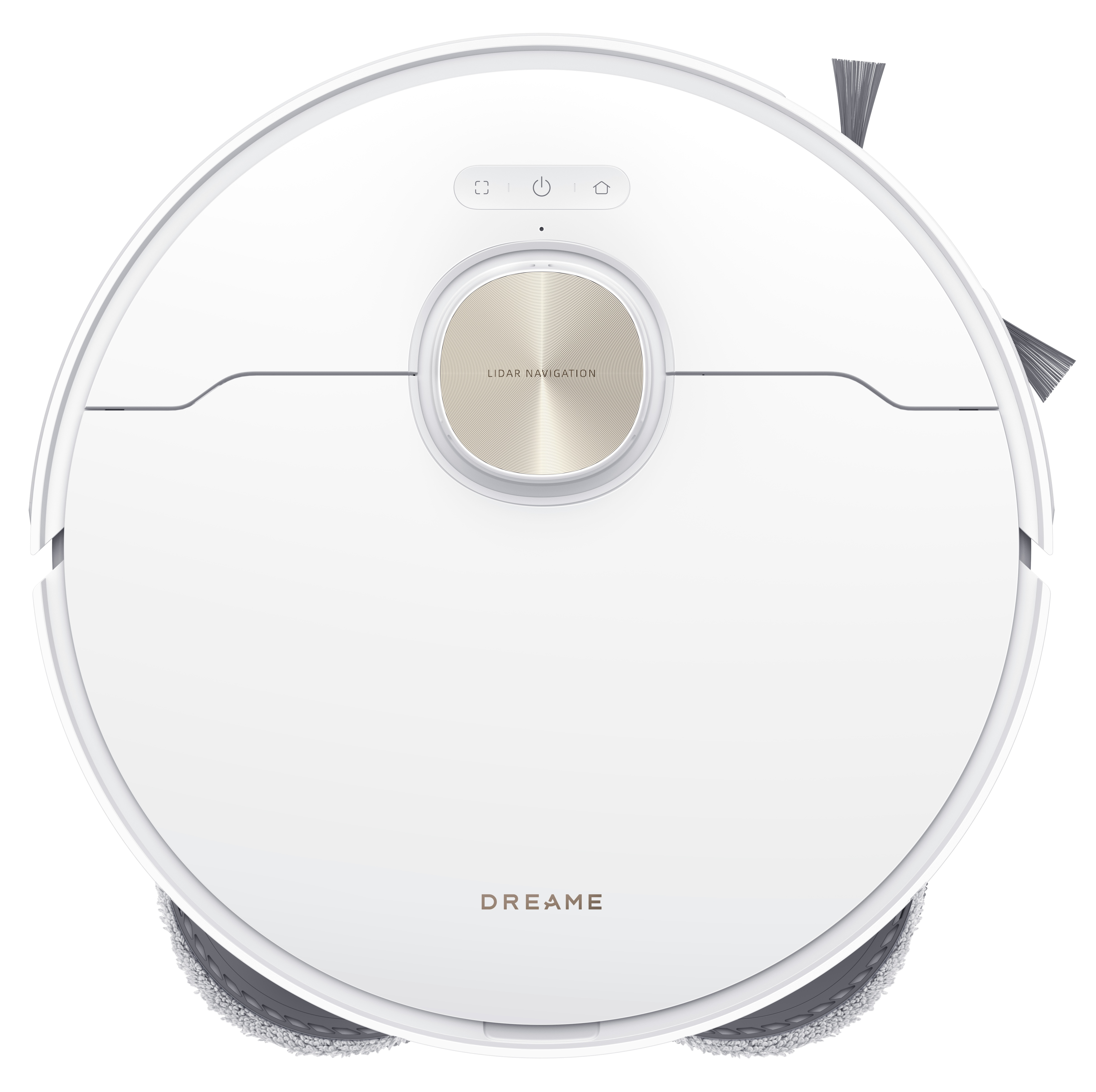 Biały odkurzacz robot, widok z góry. Posiada złoty środek i nawigację LIDAR.