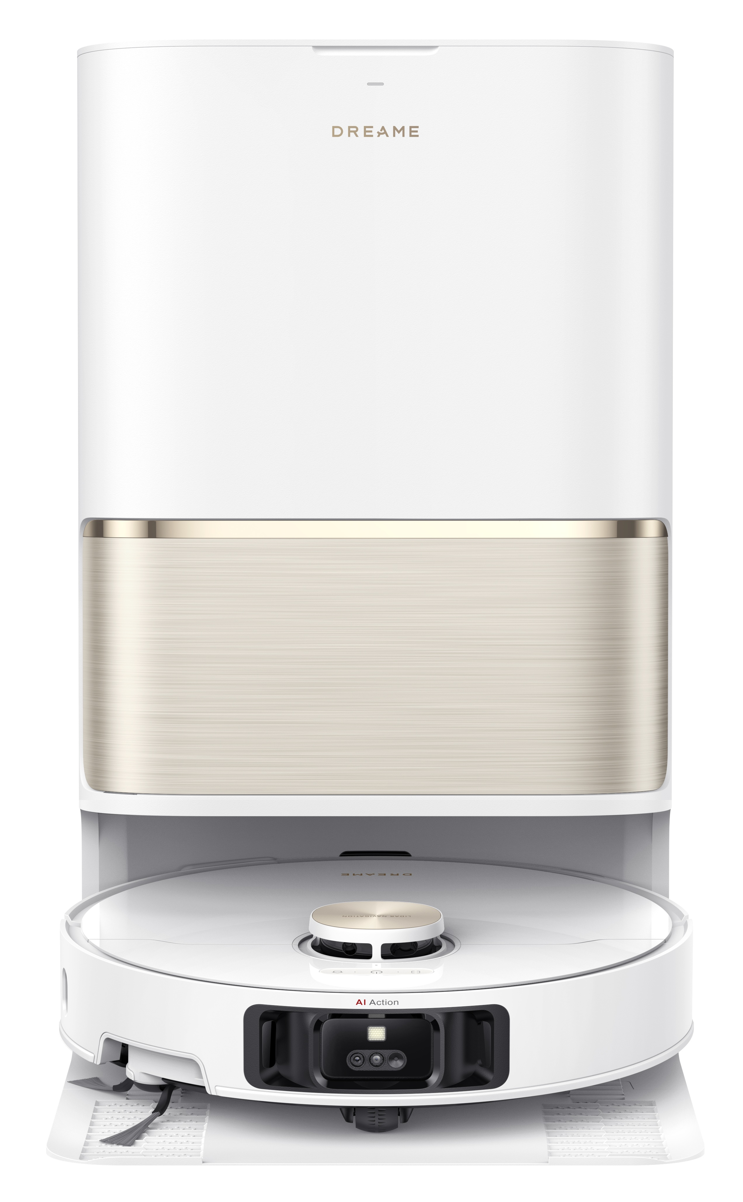 Biały i złoty odkurzacz robot Dreame z bazą ładującą. Ładowarka ma białą górę.