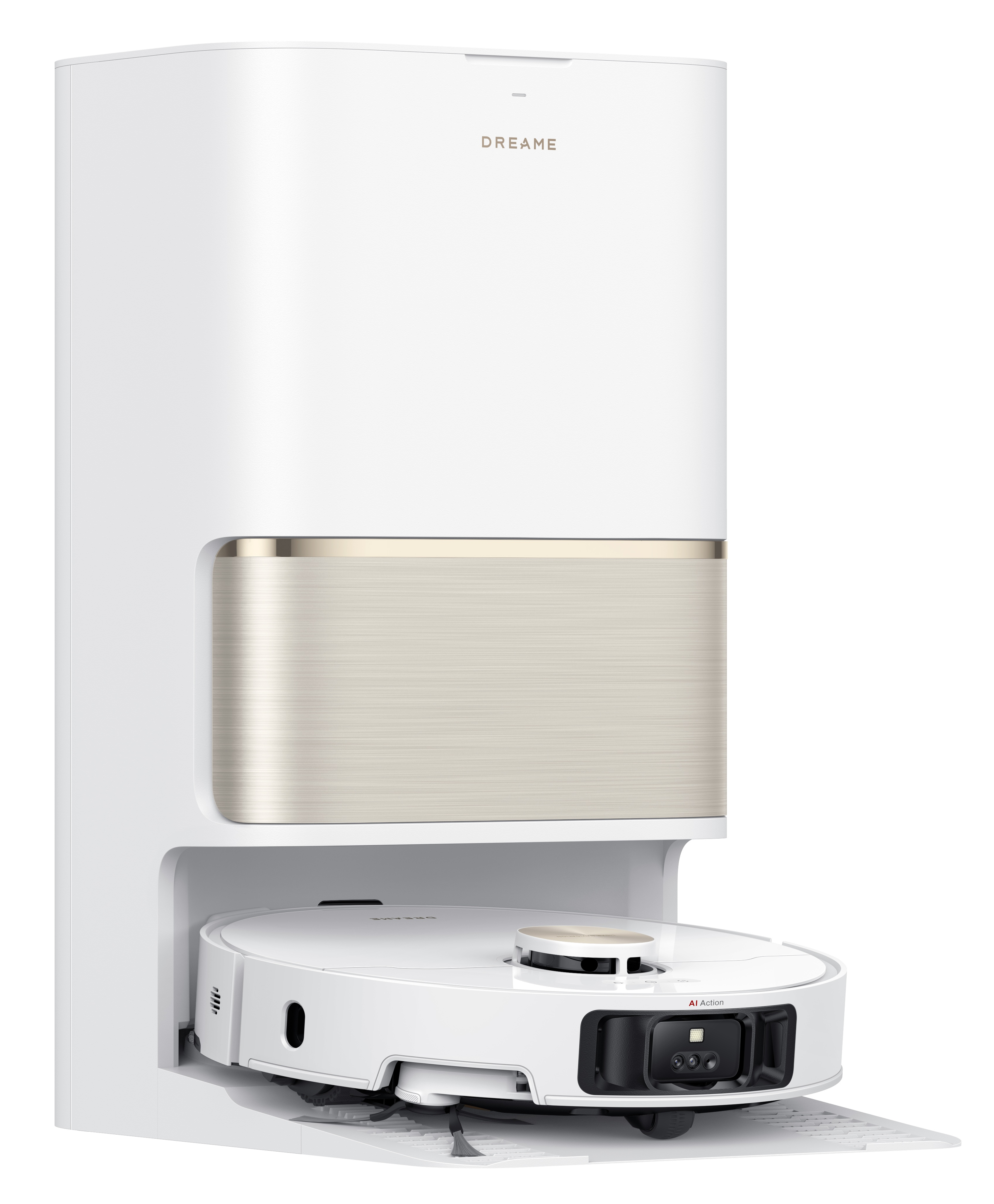 Biały odkurzacz robot Dreame ze stacją ładującą. Stacja ma złote i białe panele.