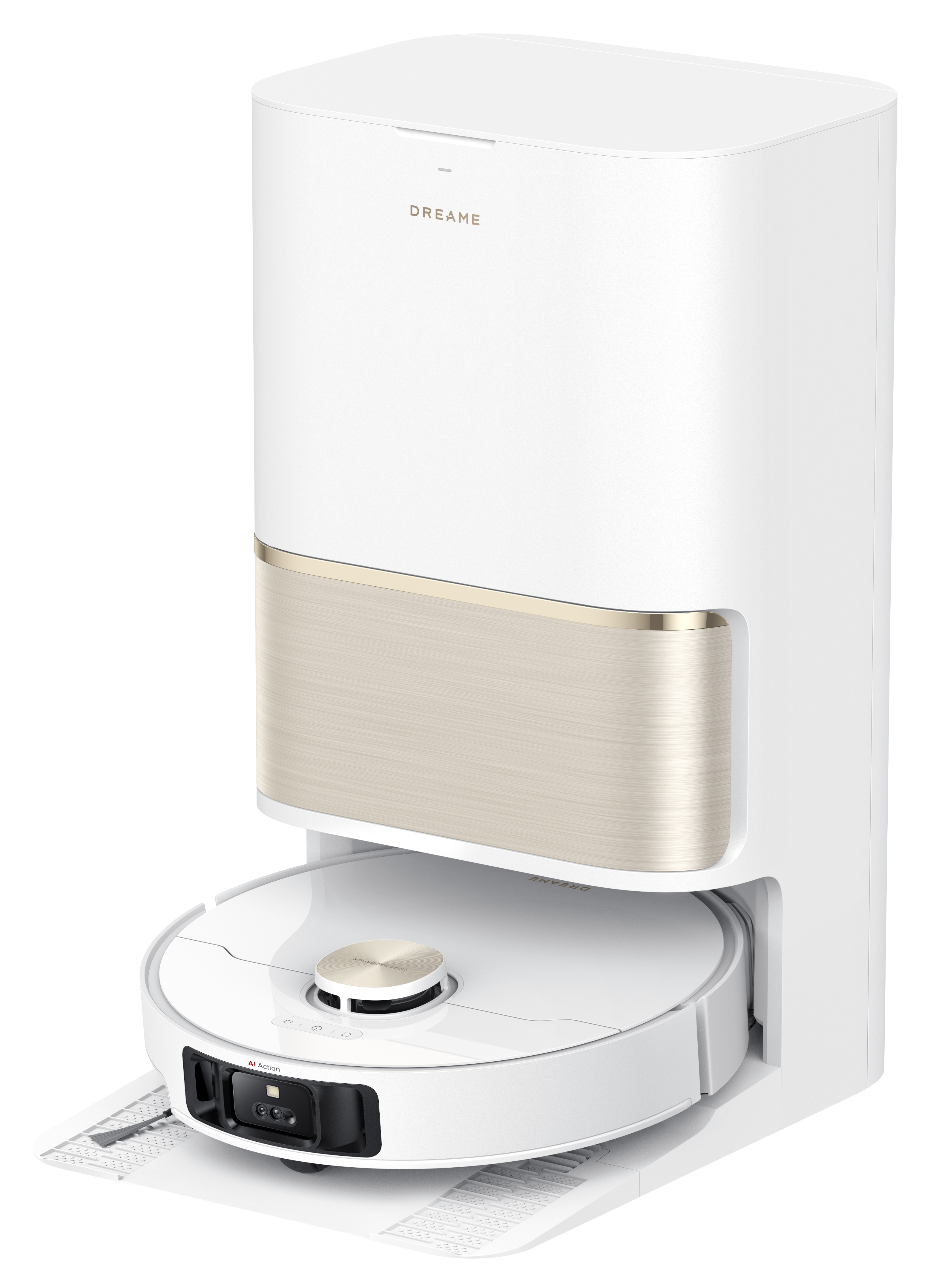 Biały odkurzacz robot Dreame ze stacją ładującą, która ma złote akcenty.
