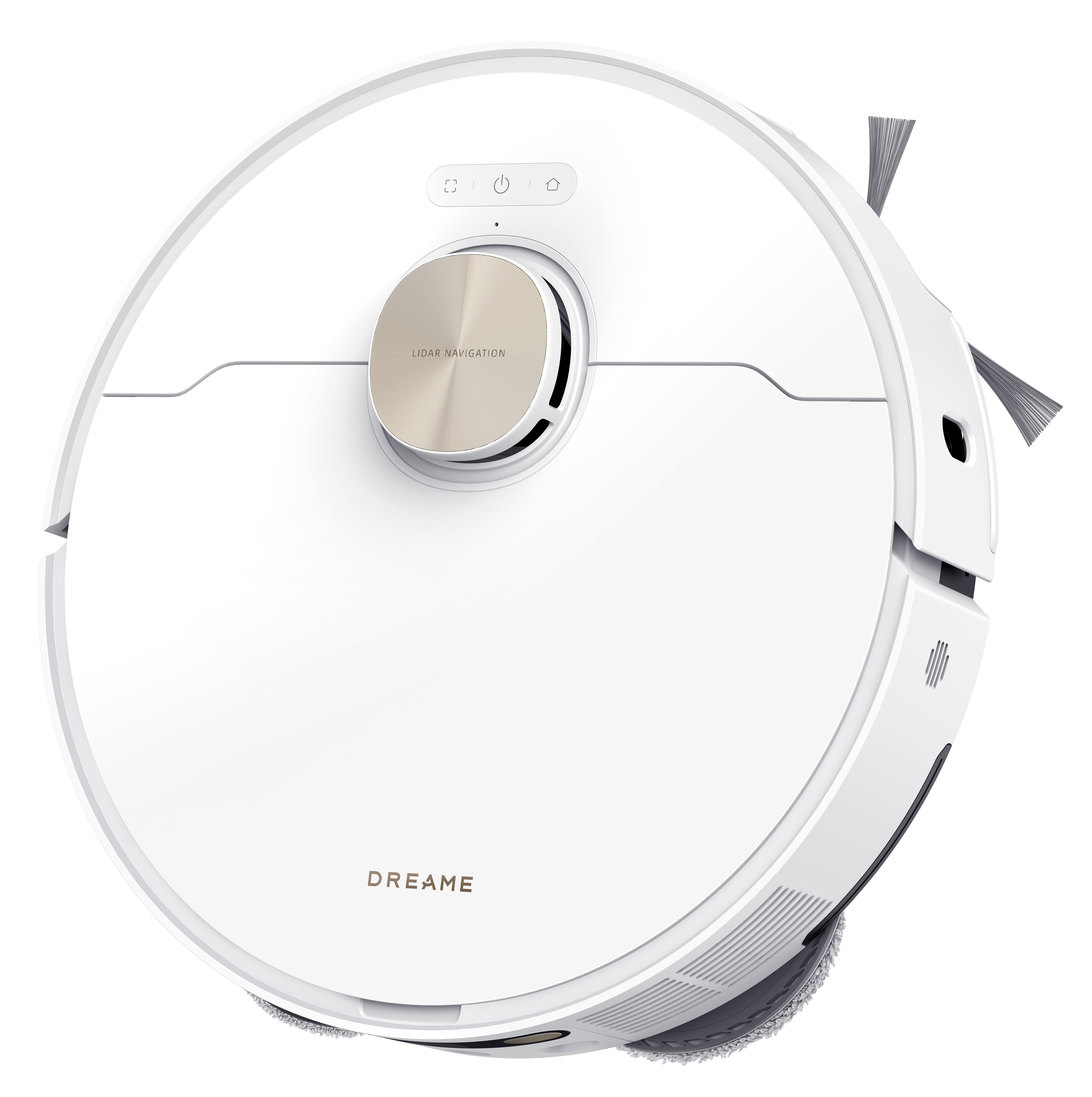 Biały odkurzacz robot, widok z góry, ma złoty środek i logo Dreame. Jest na białym tle.