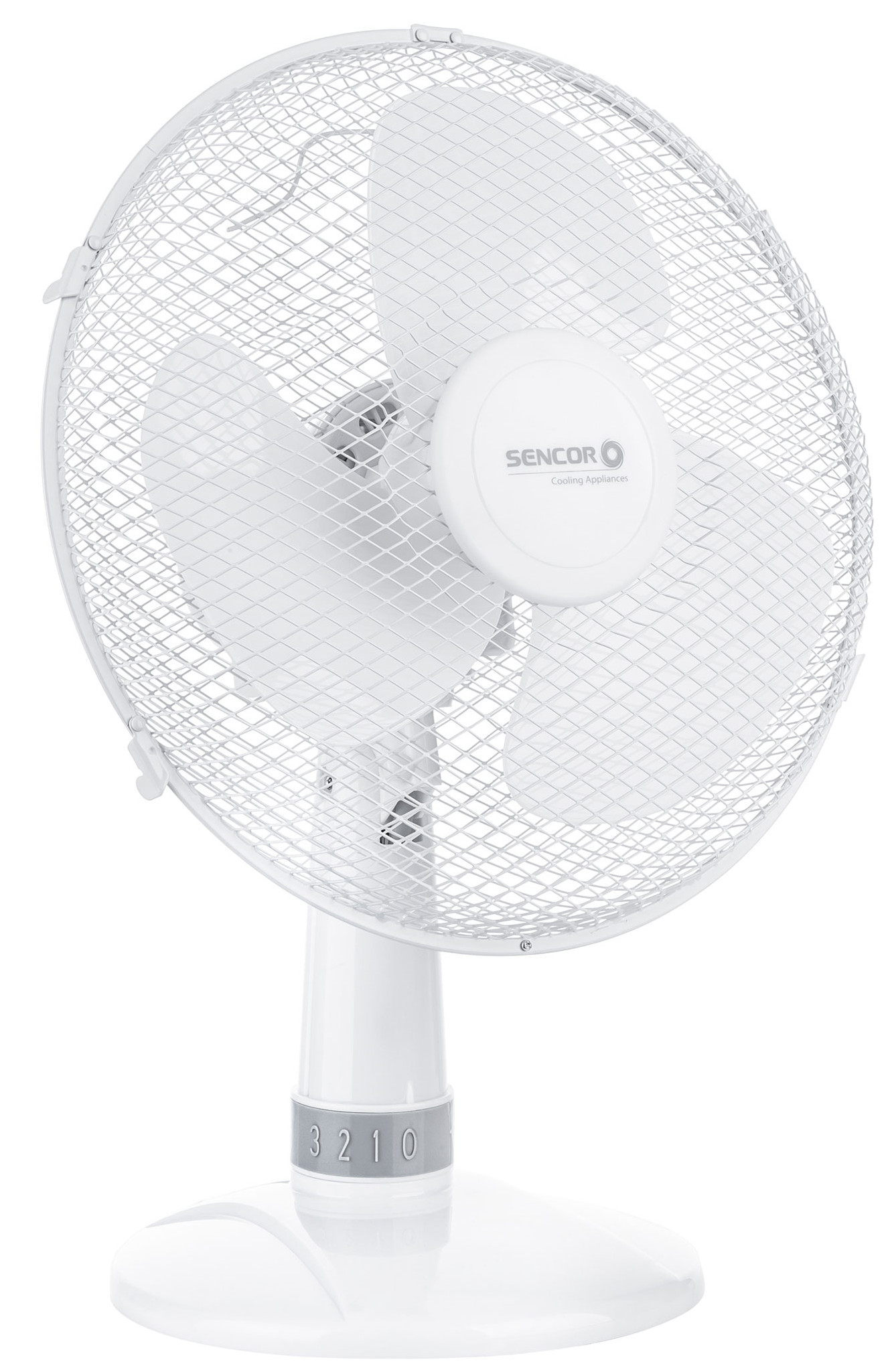 Biały wentylator biurkowy z trzema łopatkami, drucianą siatką i białą podstawą.
