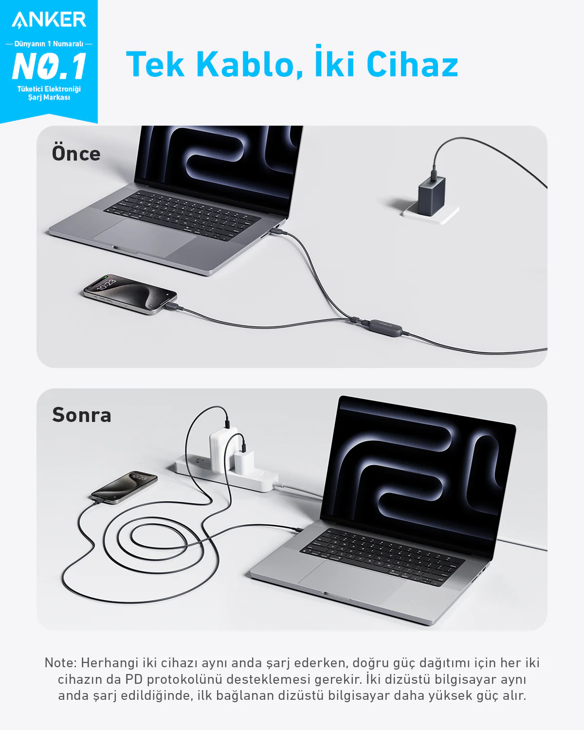 İki dizüstü bilgisayar ve bir telefon tek bir kabloyla şarj oluyor. Kablo iki uca ayrılıyor.