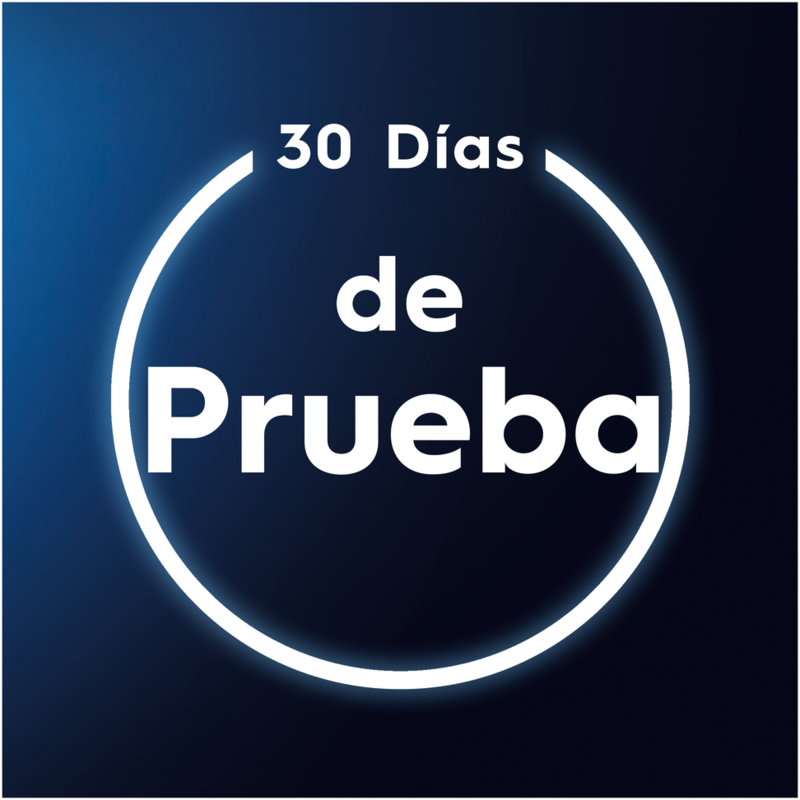 Un círculo blanco con las palabras '30 Días de Prueba' en blanco sobre un fondo azul oscuro.