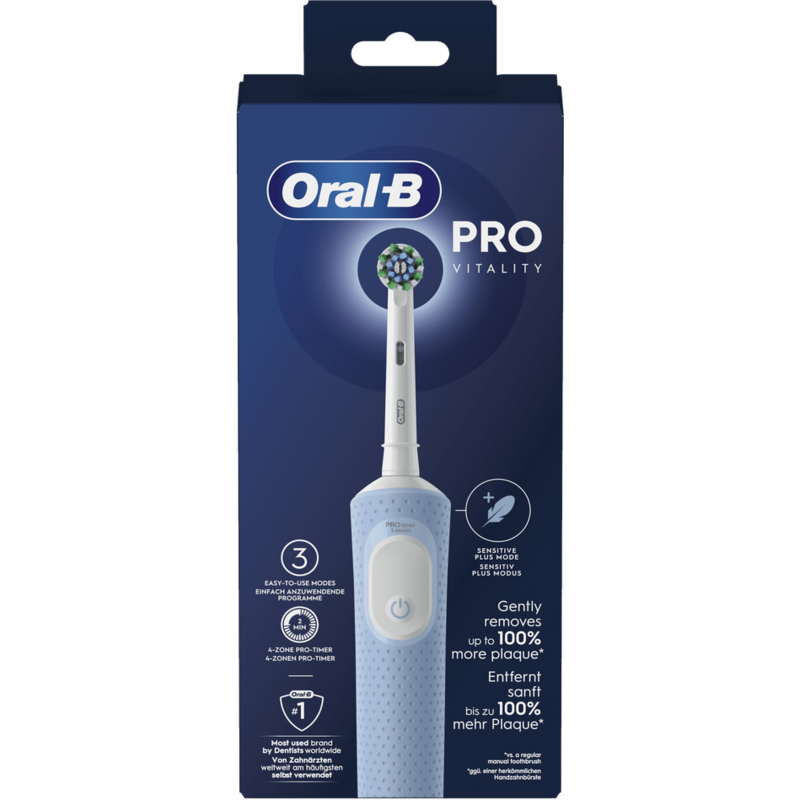 Cepillo de dientes eléctrico Oral-B Pro-Vitality. Un mango azul con cabezal blanco y un embalaje azul.