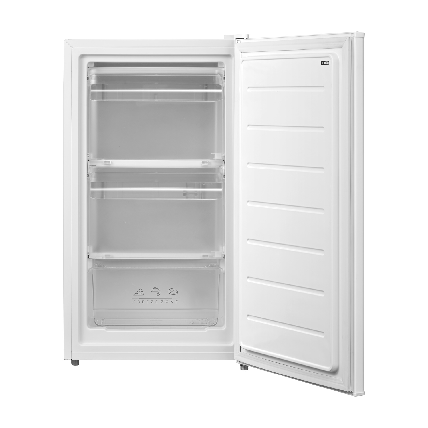 Congelatore bianco con porta aperta che mostra ripiani.