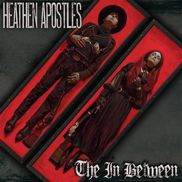 Heathen Apostles Albumcover. Zwei Figuren in Särgen, roter Hintergrund.