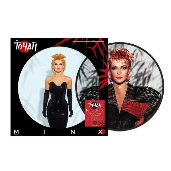 Minx Albumcover. Frau in schwarzem Kleid, und Bildplatte.