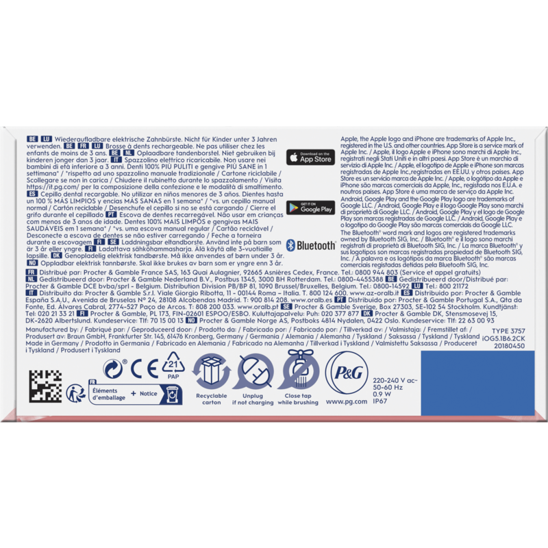 Un fondo blanco con información y logotipos del producto Oral-B, incluido texto en varios idiomas.