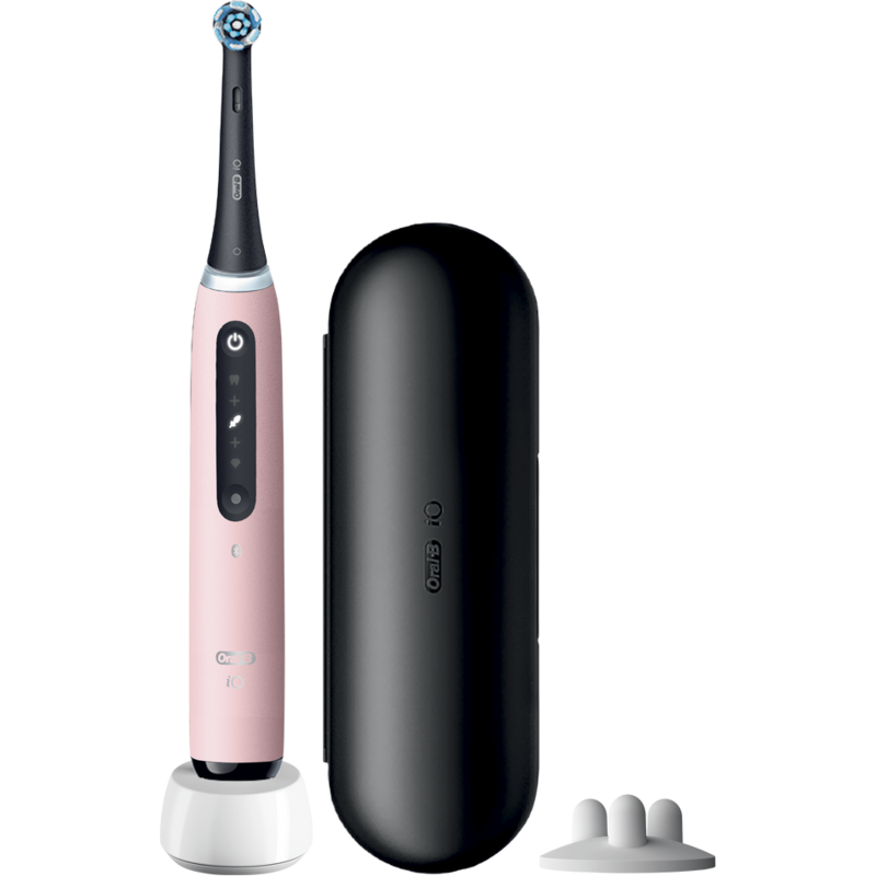 Un cepillo de dientes eléctrico rosa y negro con base de carga y estuche de viaje.