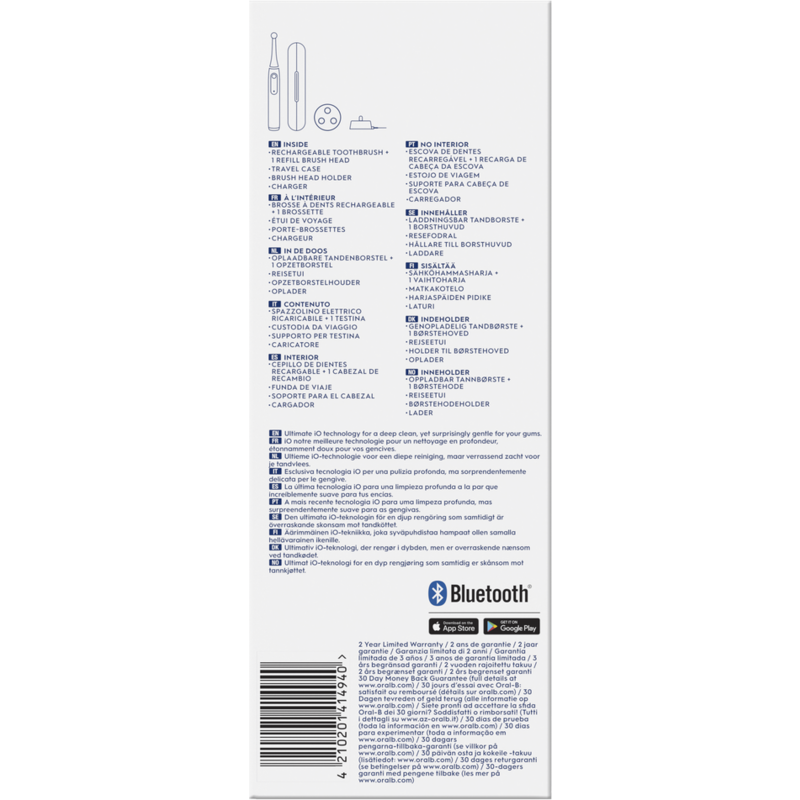 Parte trasera de la caja del cepillo de dientes eléctrico. Detalles del producto y garantía.