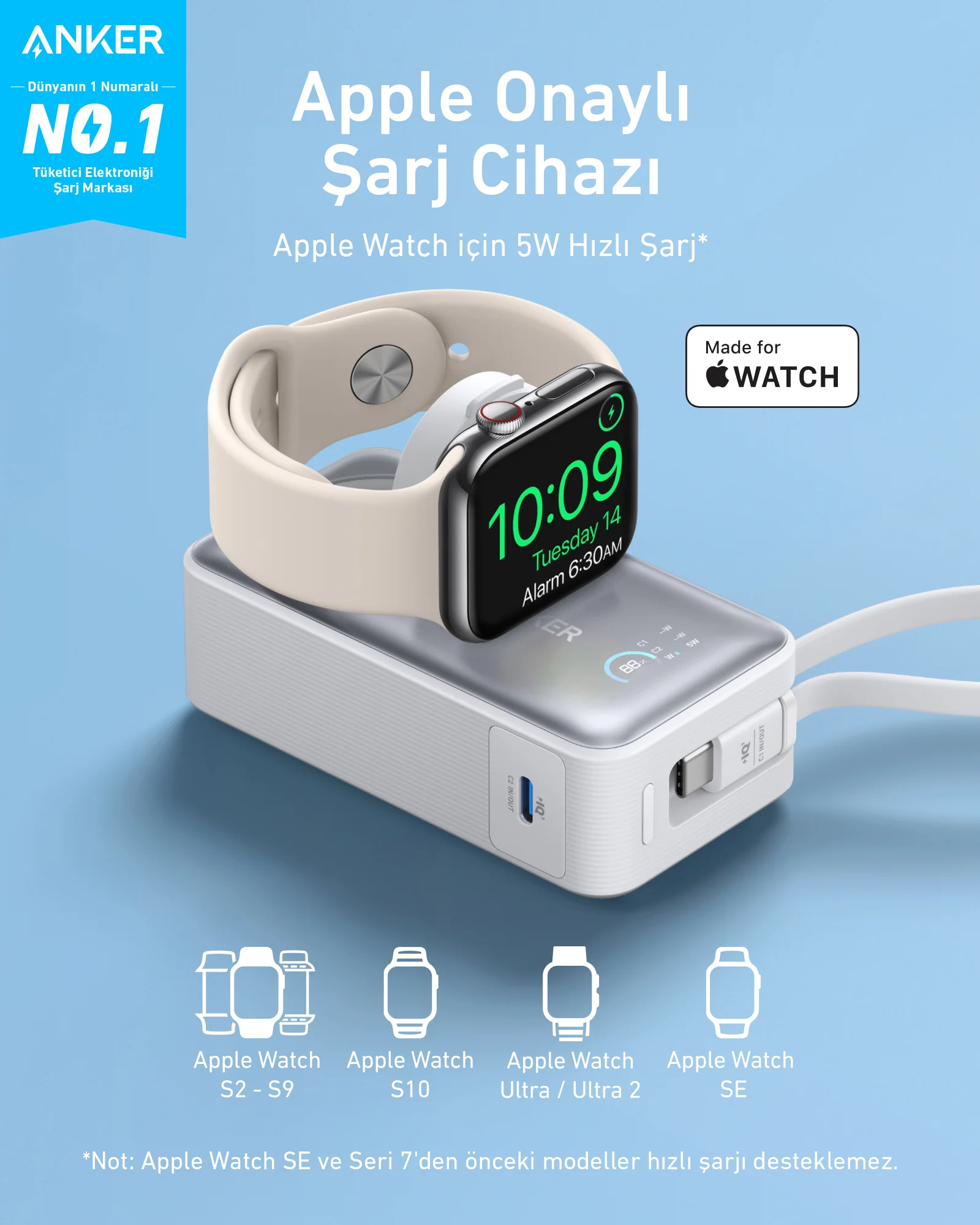 Anker powerbank Apple Watch'ı şarj ediyor. Saat zamanı gösteriyor ve bir şarj göstergesi var.