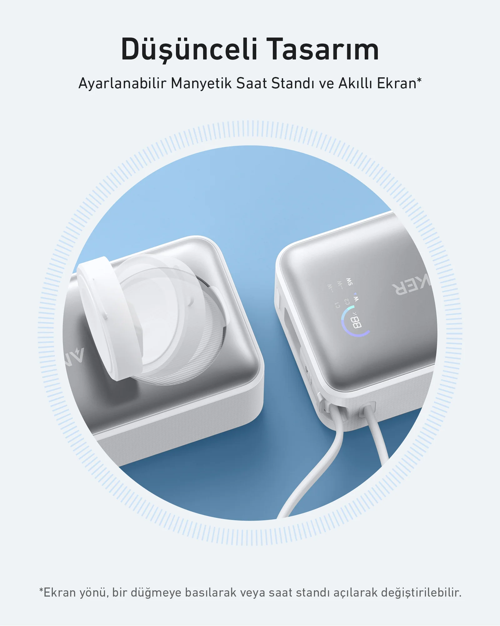 Şarj pedi olan bir Anker powerbank'in yakın çekimi. Bir ekran şarj durumunu gösterir.
