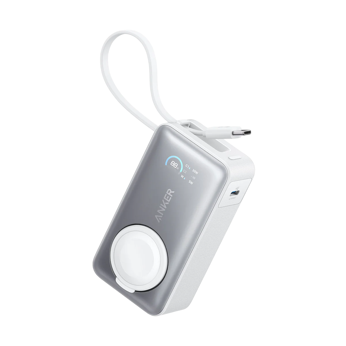Beyaz şarj kablolu gümüş ve beyaz Anker powerbank, karanlık bir arka planda süzülüyor.