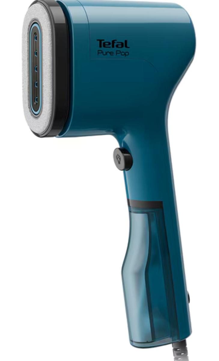 Turkusowy parownik do odzieży Tefal Pure Pop. Białe tło.