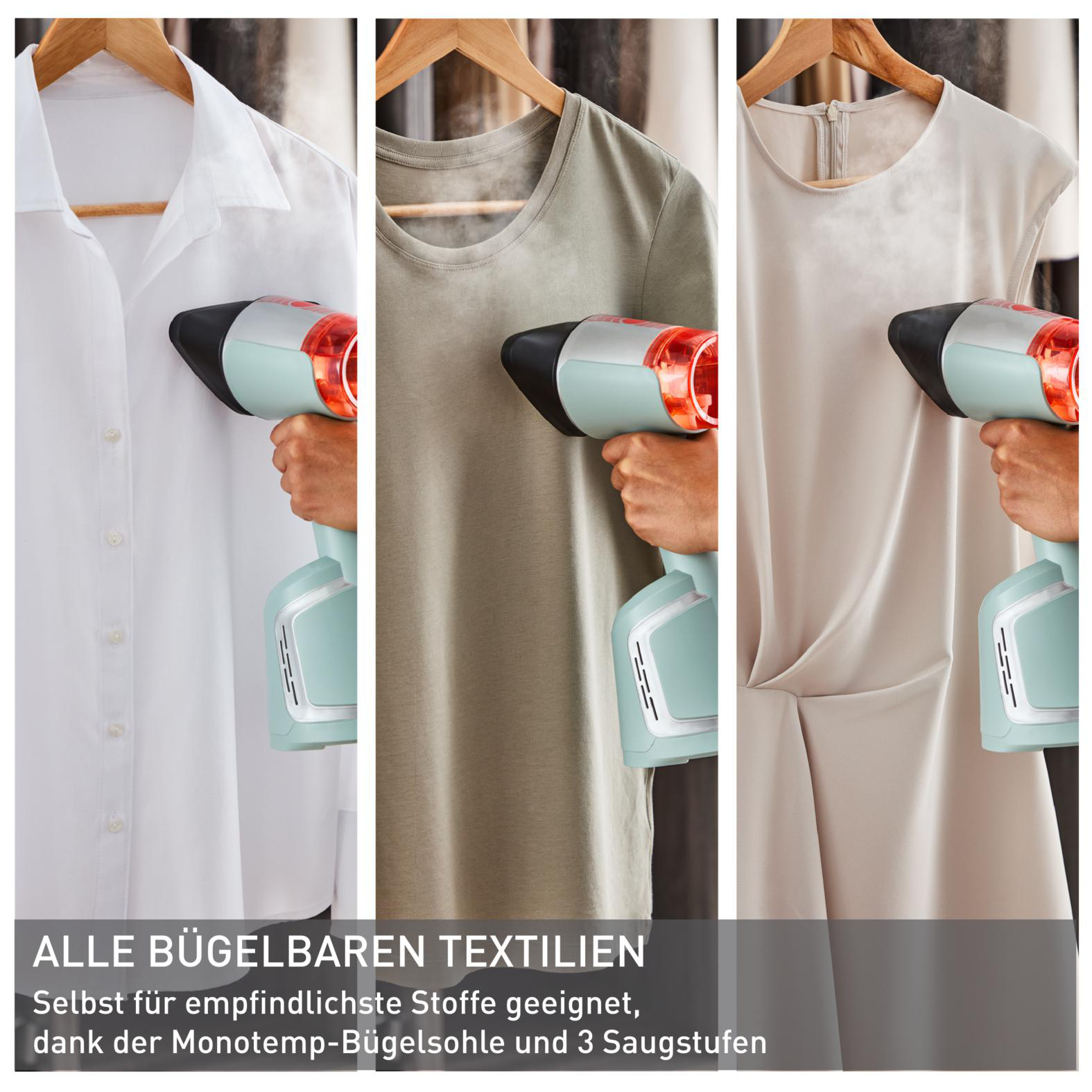 Drei Bilder eines Dampfgarers, der auf verschiedenen Stoffen verwendet wird.