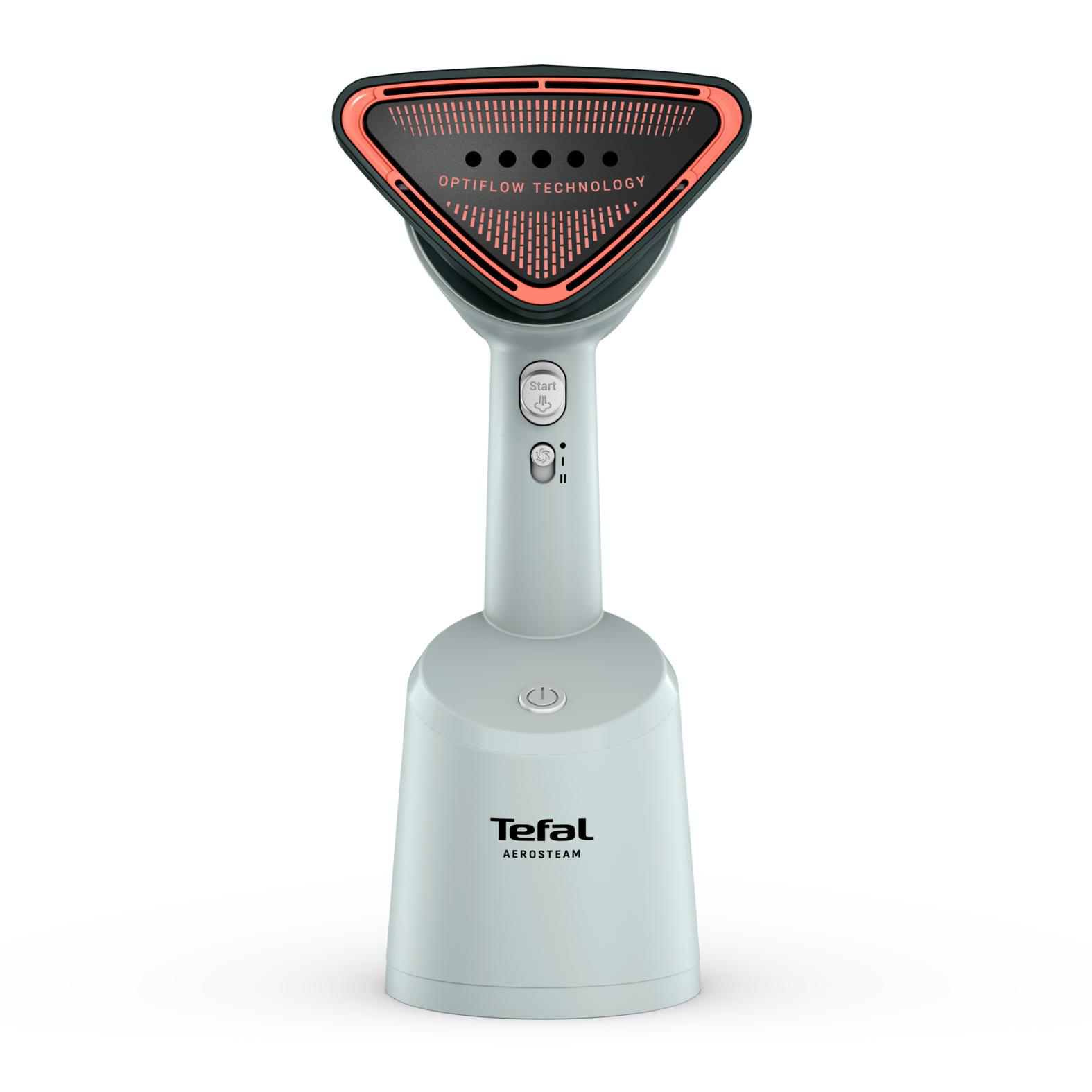 Ein weißer Tefal Aerosteam Steamer auf weißem Hintergrund.