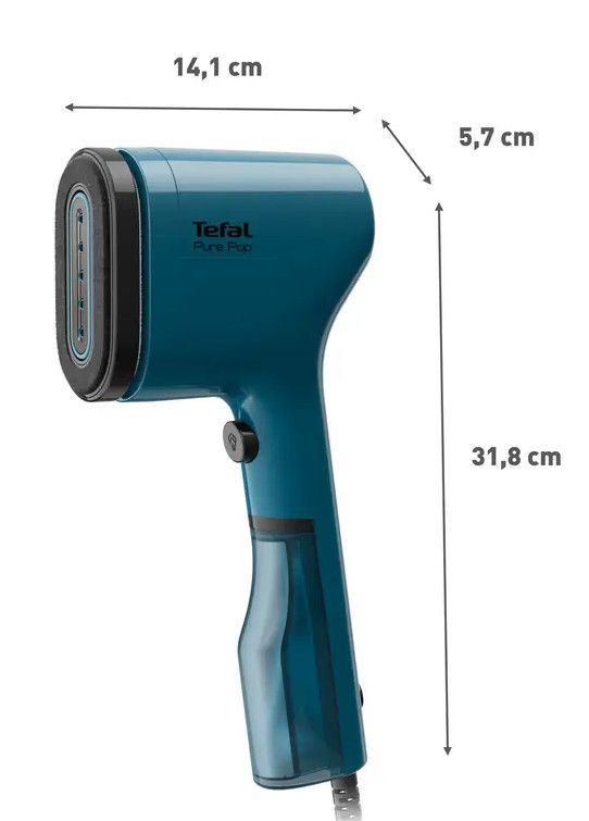 Niebiesko-czarny parownik do tkanin z wymiarami, białe tło.