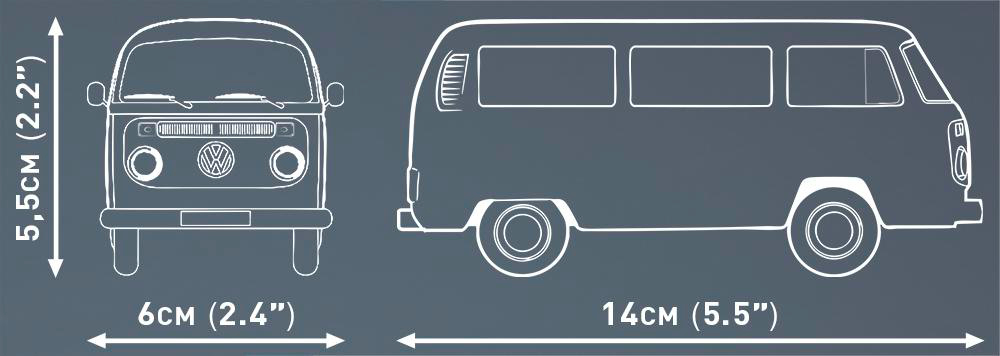 Eine Zeichnung eines Transporters mit Abmessungen in cm und Zoll.