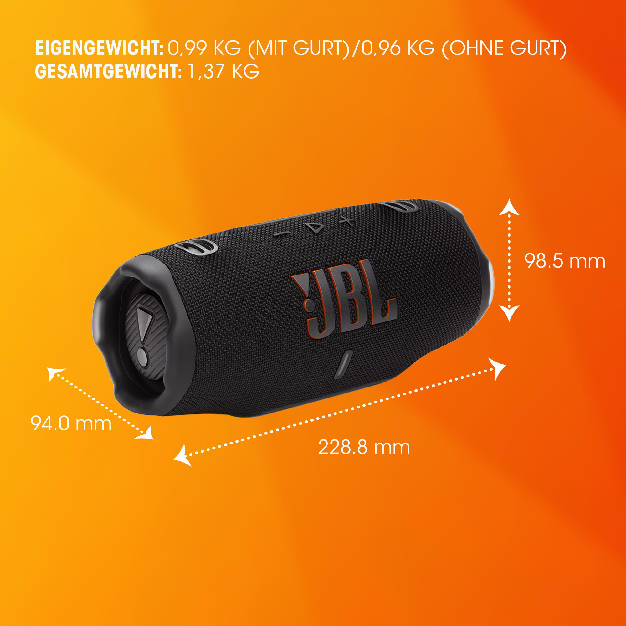 Ein JBL-Lautsprecher, schwarz, mit Abmessungen und orangefarbenem Hintergrund.