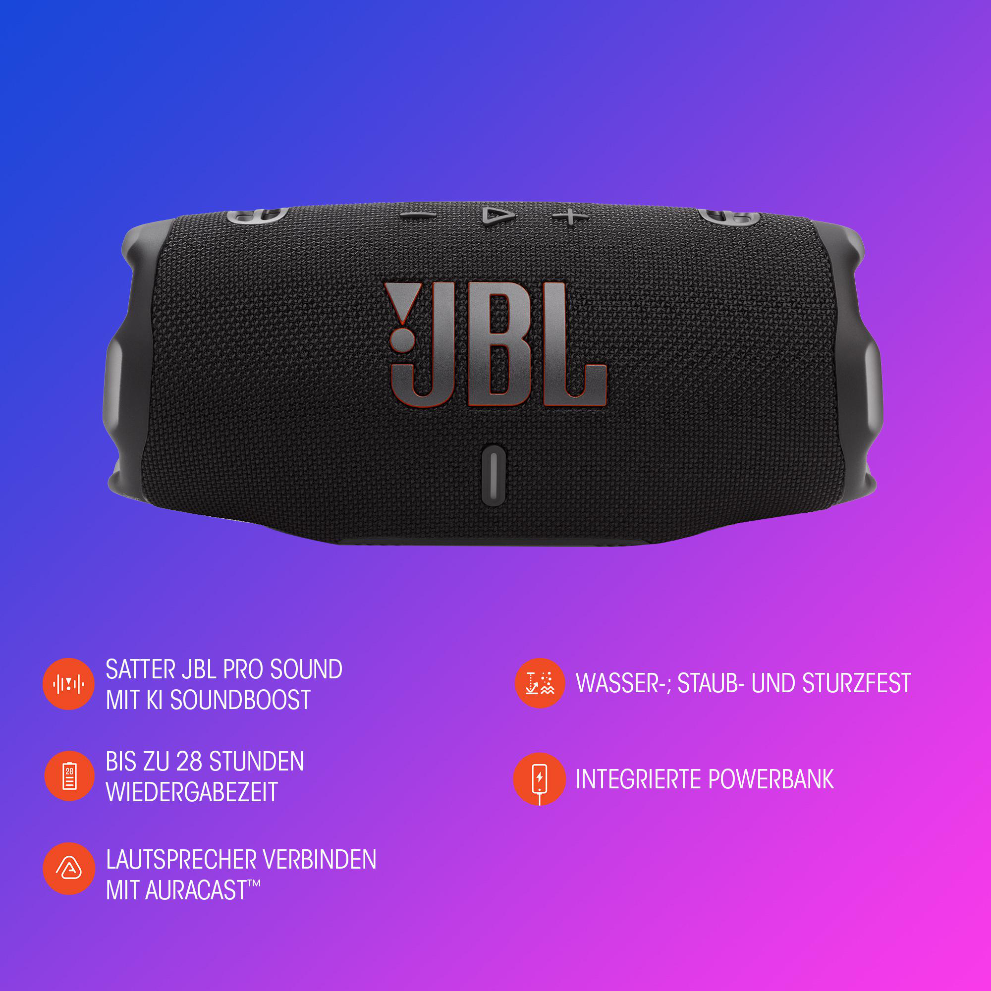Schwarzer JBL-Lautsprecher. Das JBL-Logo ist sichtbar. Es hat Knöpfe oben. Rosa-lila Hintergrund.