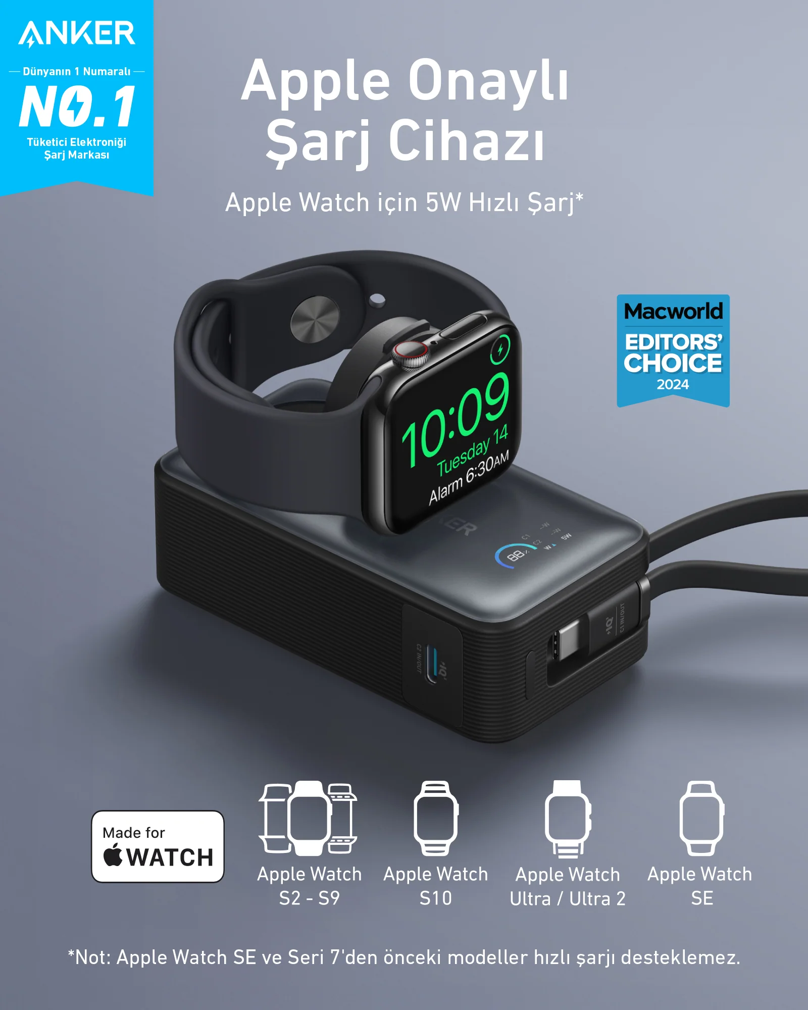 Bir Apple Watch ve bir Anker şarj cihazı. Üzerinde bir saat bulunan siyah bir şarj cihazı. Mavi arka plan.