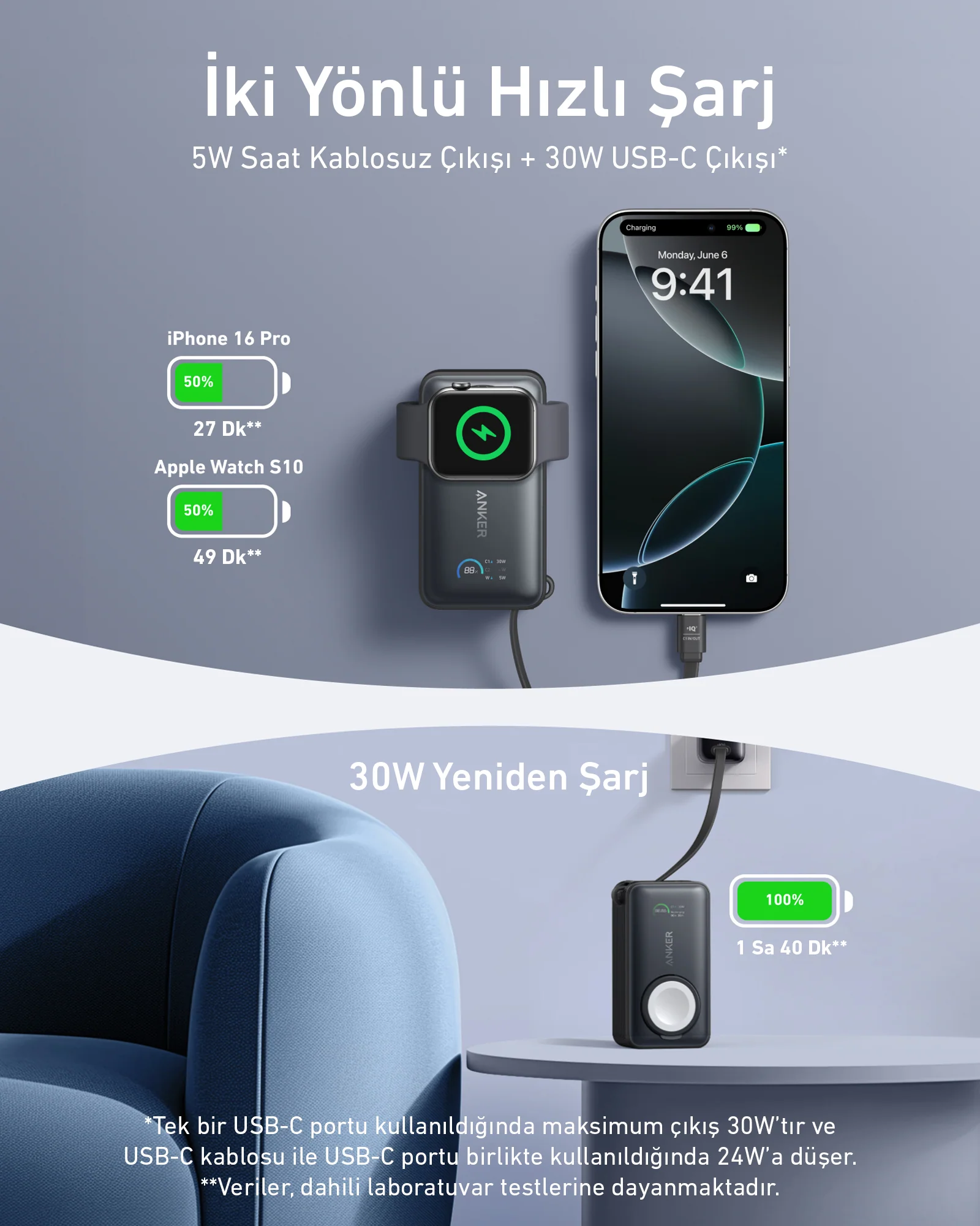 İki cihaz şarj oluyor. Bir telefon ve bir Apple Watch, bir şarj istasyonu ile görüntüleniyor. Mavi arka plan.