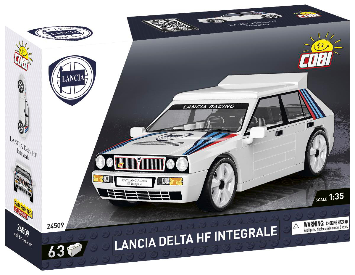 Weißes Lego-Automodell mit Box. Das Auto ist ein Lancia Delta HF Integrale.