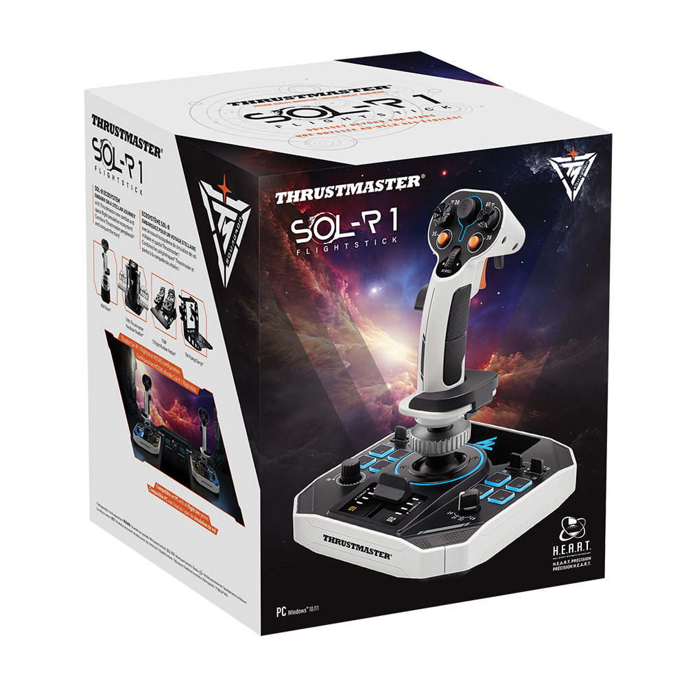 Verpackter Thrustmaster SOL-R1 Flight Stick. Die Box zeigt Stick, Grafiken und Textdetails.