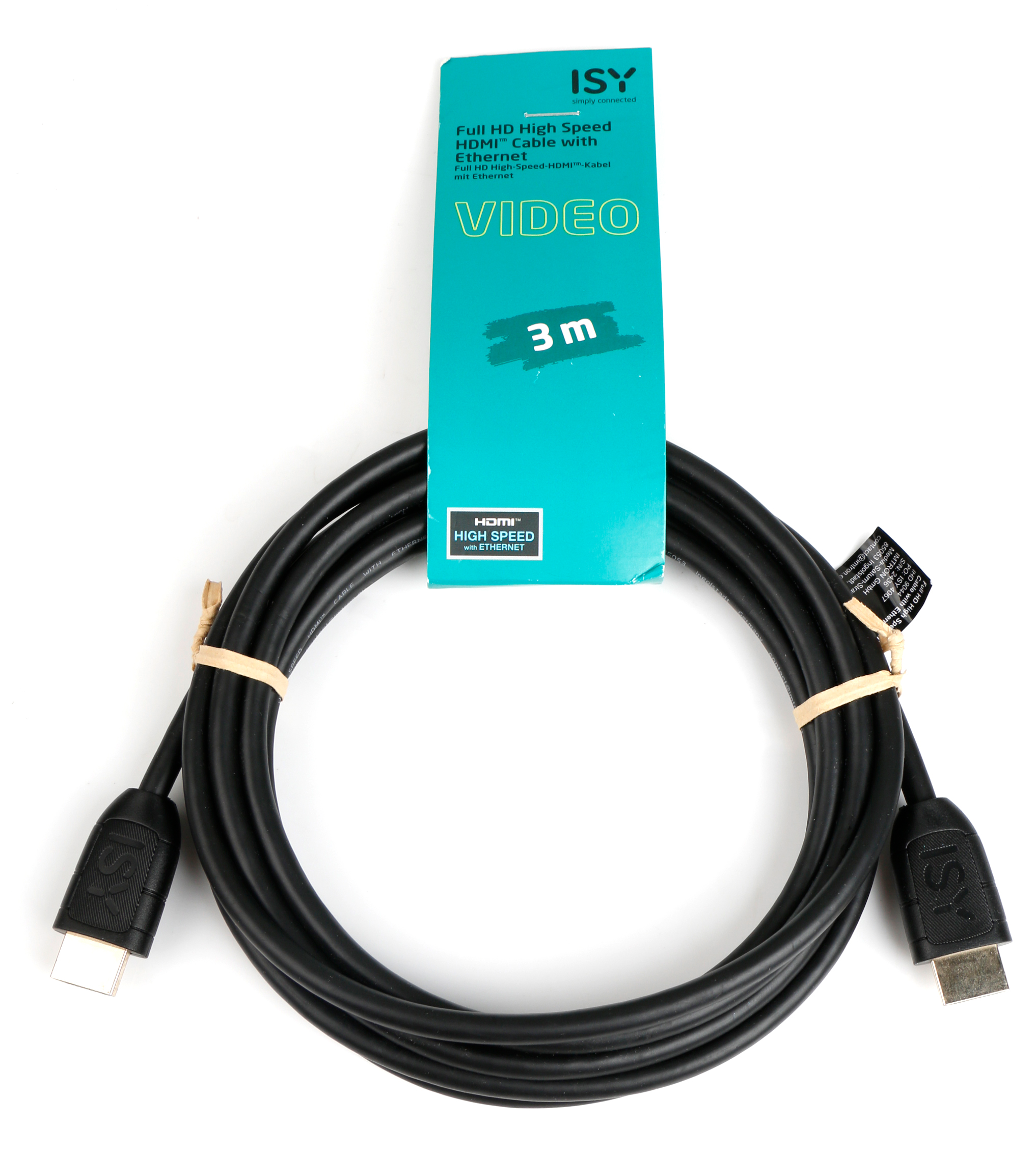 Fekete HDMI kábel kék-zöld címkével fehér háttérrel.